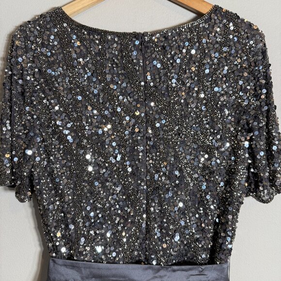 Pisarro Nights Beaded Bodice Satin Maxi Gown Women's 14 Gray Formal Wedding NWT - Picture 13 of 16